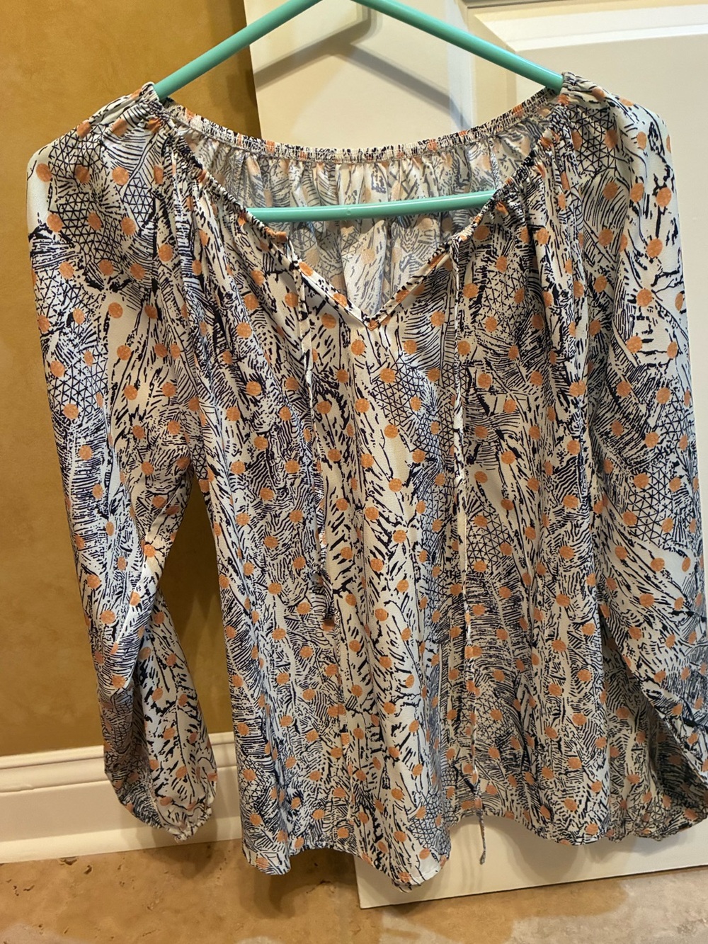 Flowy Printed Women's Blouse in Cream with Navy & Tan Pattern